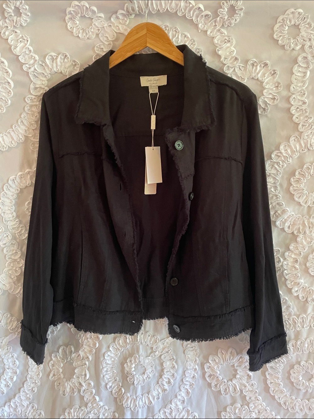 Charlie Paige Curvy Black color Frayed-Edge Blazer Linen Jacket Pockets